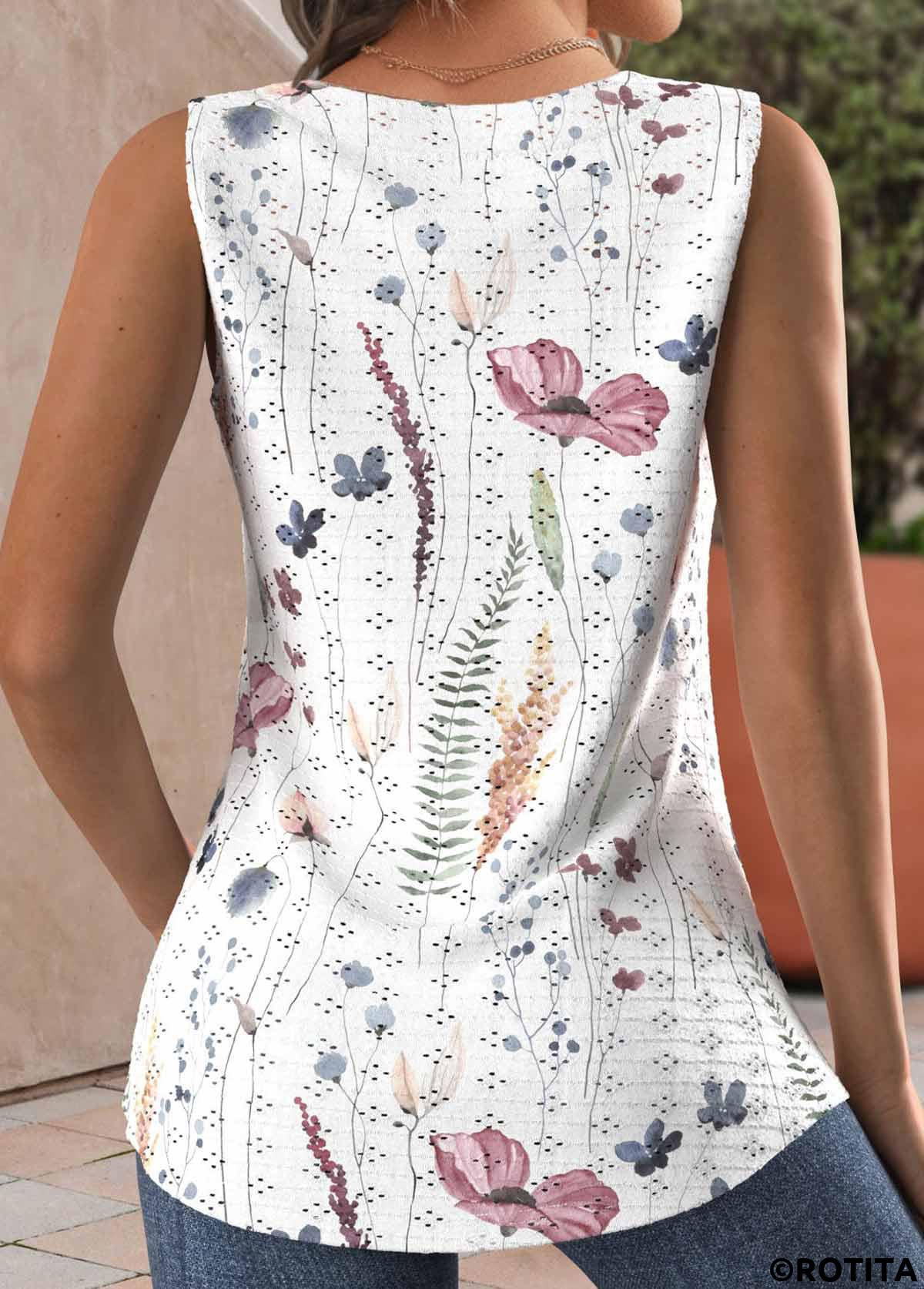White tops,Floral tops,Plants tops,ROTITA Hole Floral Print White Square Neck Sleeveless Tank Top