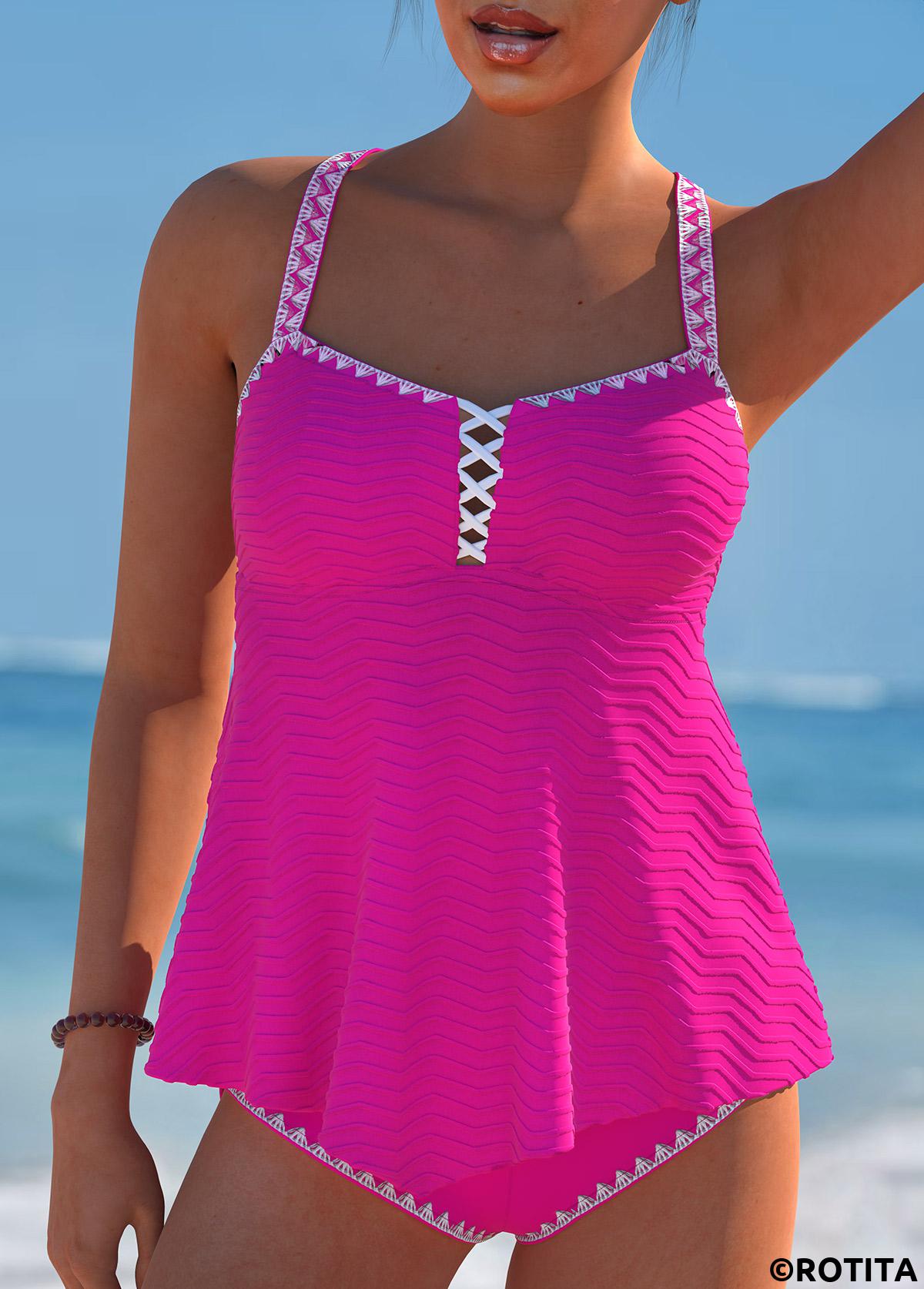Hot Pink plus size,Plain Color plus size,ROTITA Plus Size Criss Cross Hot Pink Tankini Set