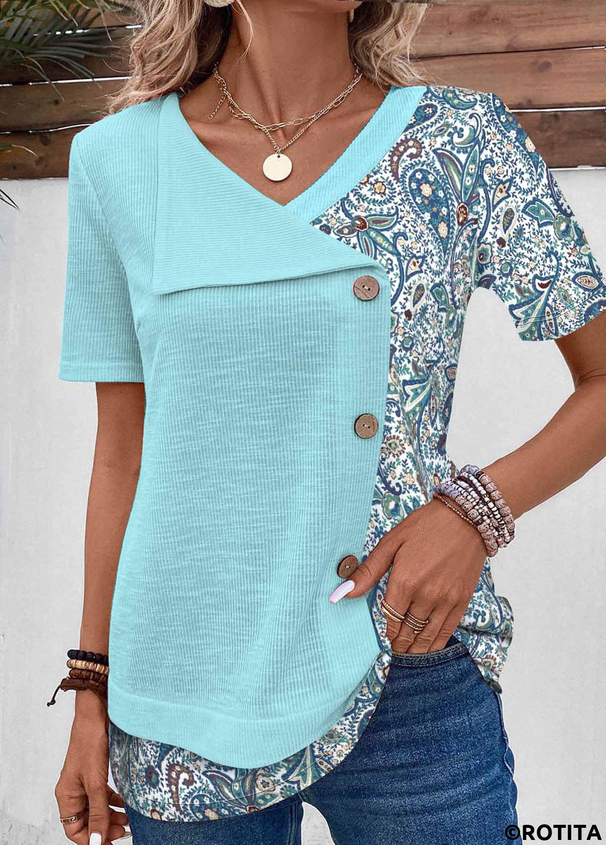 Light Blue tops,Tribal tops,Paisley tops,ROTITA Patchwork Tribal Print Light Blue V Neck T Shirt