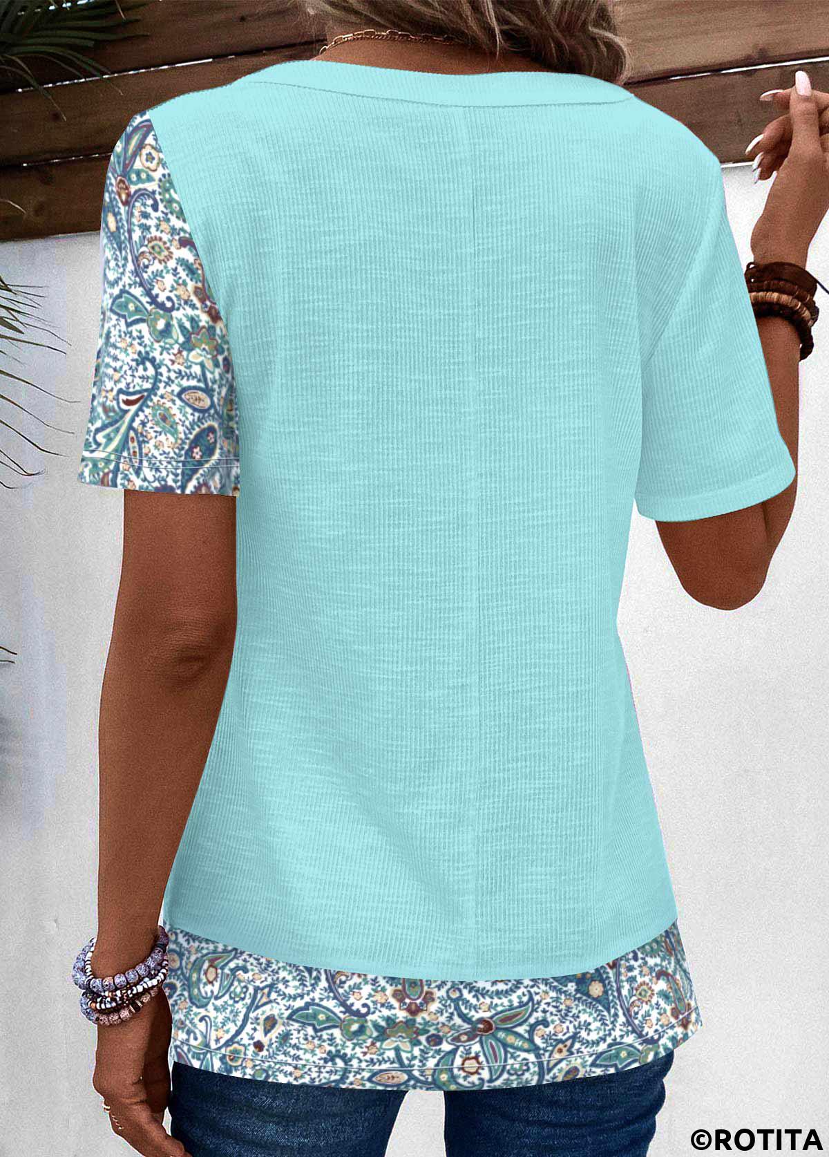 Light Blue tops,Tribal tops,Paisley tops,ROTITA Patchwork Tribal Print Light Blue V Neck T Shirt