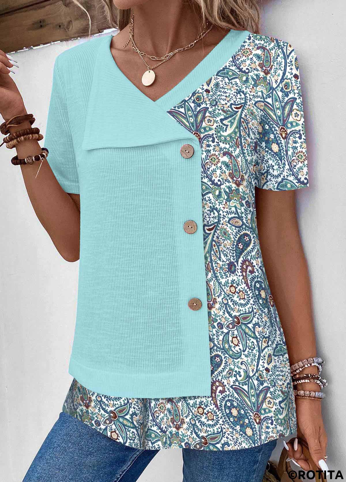 Light Blue tops,Tribal tops,Paisley tops,ROTITA Patchwork Tribal Print Light Blue V Neck T Shirt