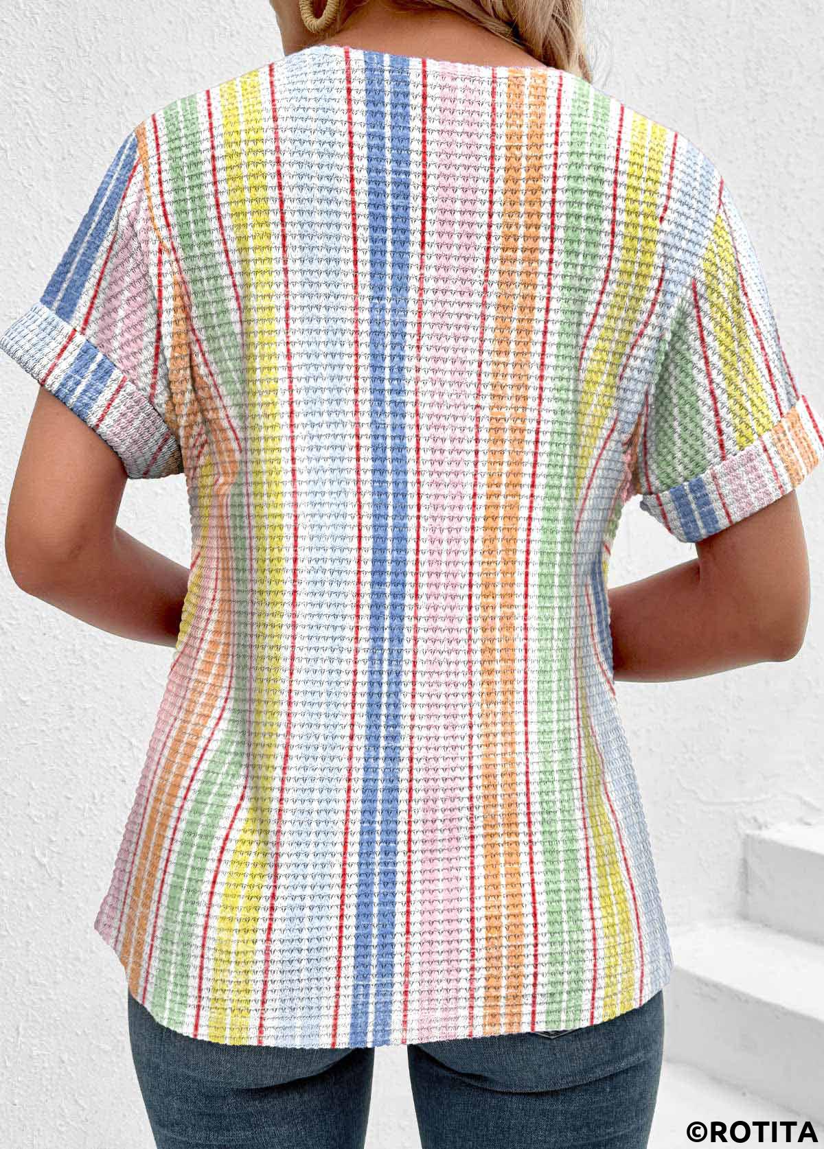 Multi Color tops,Striped tops,Geometric tops,ROTITA Button Striped Multi Color Round Neck T Shirt