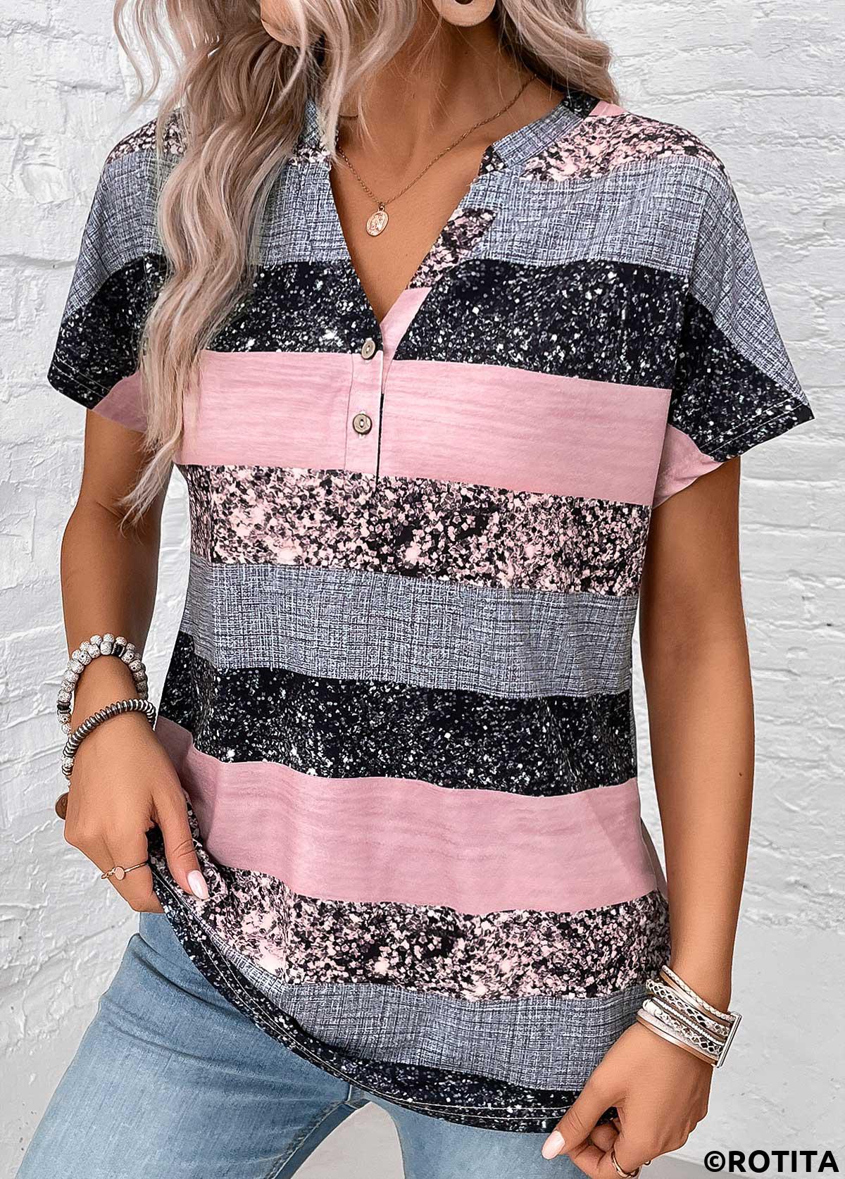 Grey tops,Dusty Pink tops,Striped tops,Geometric tops,ROTITA Button Striped Grey Split Neck Short Sleeve Blouse