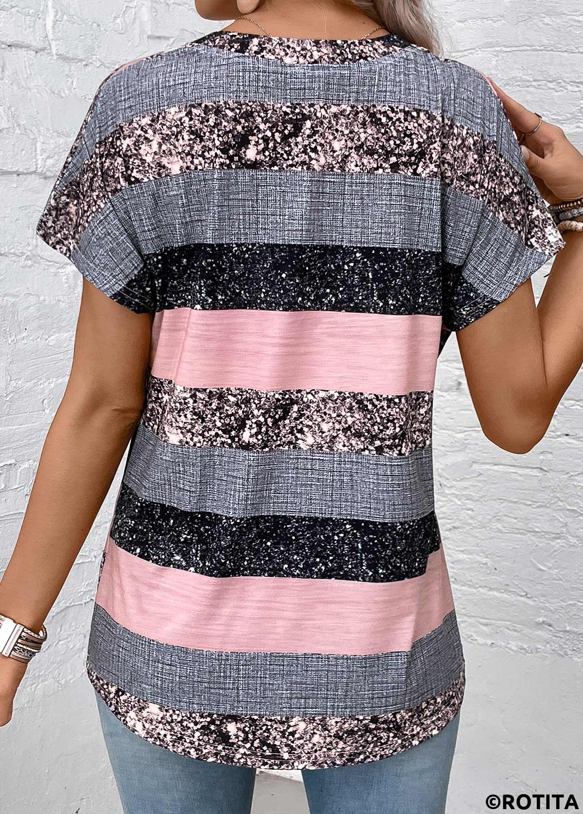 Grey tops,Dusty Pink tops,Striped tops,Geometric tops,ROTITA Button Striped Grey Split Neck Short Sleeve Blouse