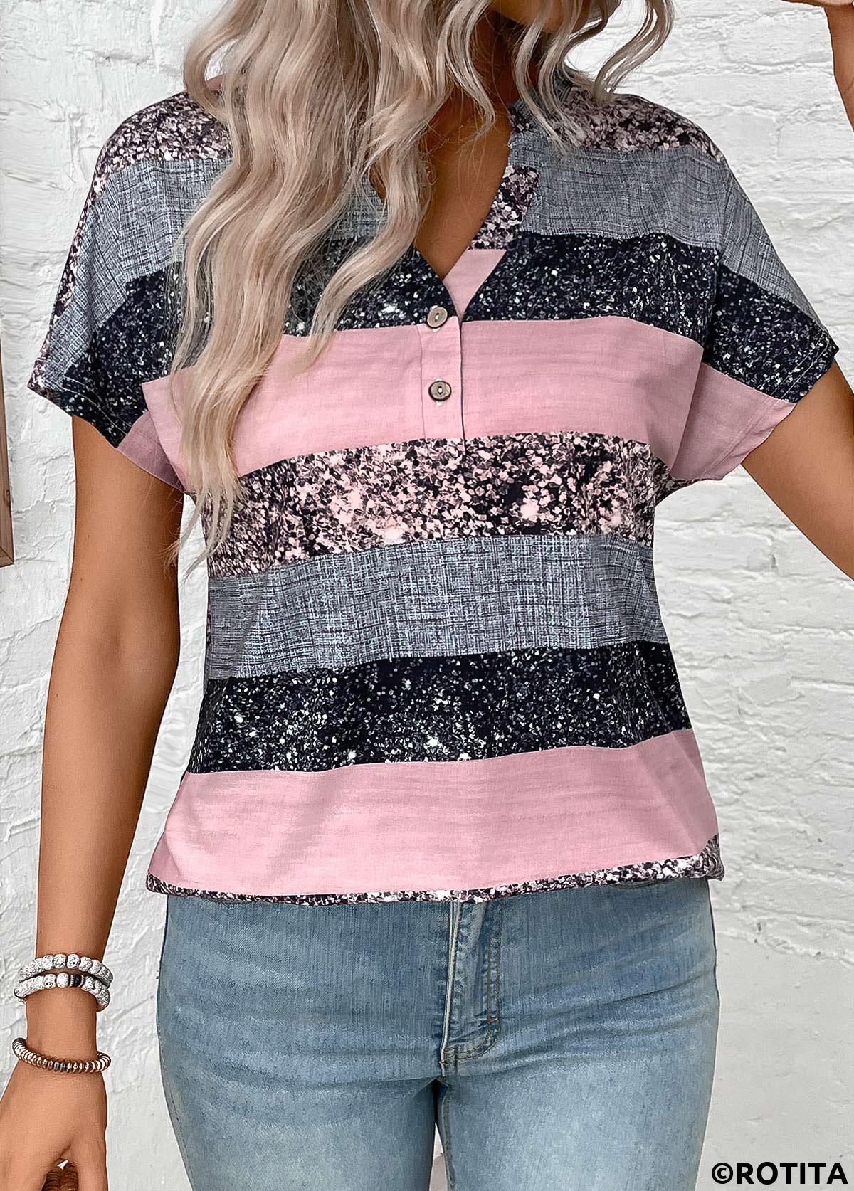 Grey tops,Dusty Pink tops,Striped tops,Geometric tops,ROTITA Button Striped Grey Split Neck Short Sleeve Blouse