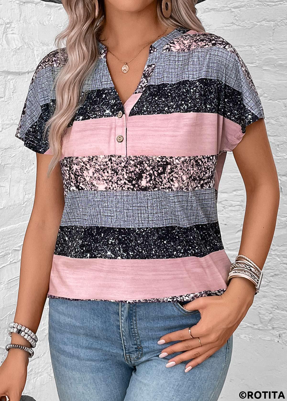 Grey tops,Dusty Pink tops,Striped tops,Geometric tops,ROTITA Button Striped Grey Split Neck Short Sleeve Blouse