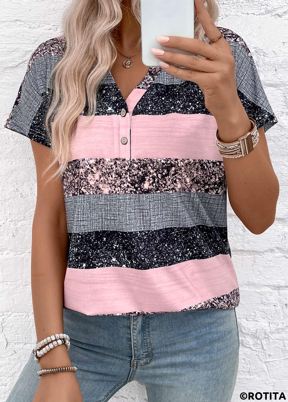 Grey tops,Dusty Pink tops,Striped tops,Geometric tops,ROTITA Button Striped Grey Split Neck Short Sleeve Blouse