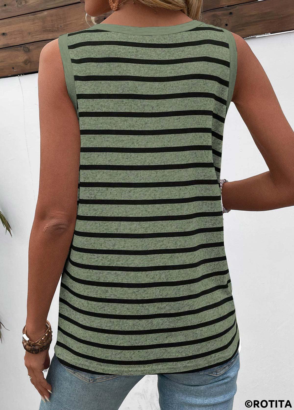 Green tops,Black tops,Striped tops,Geometric tops,ROTITA Button Striped Green Round Neck Sleeveless Tank Top