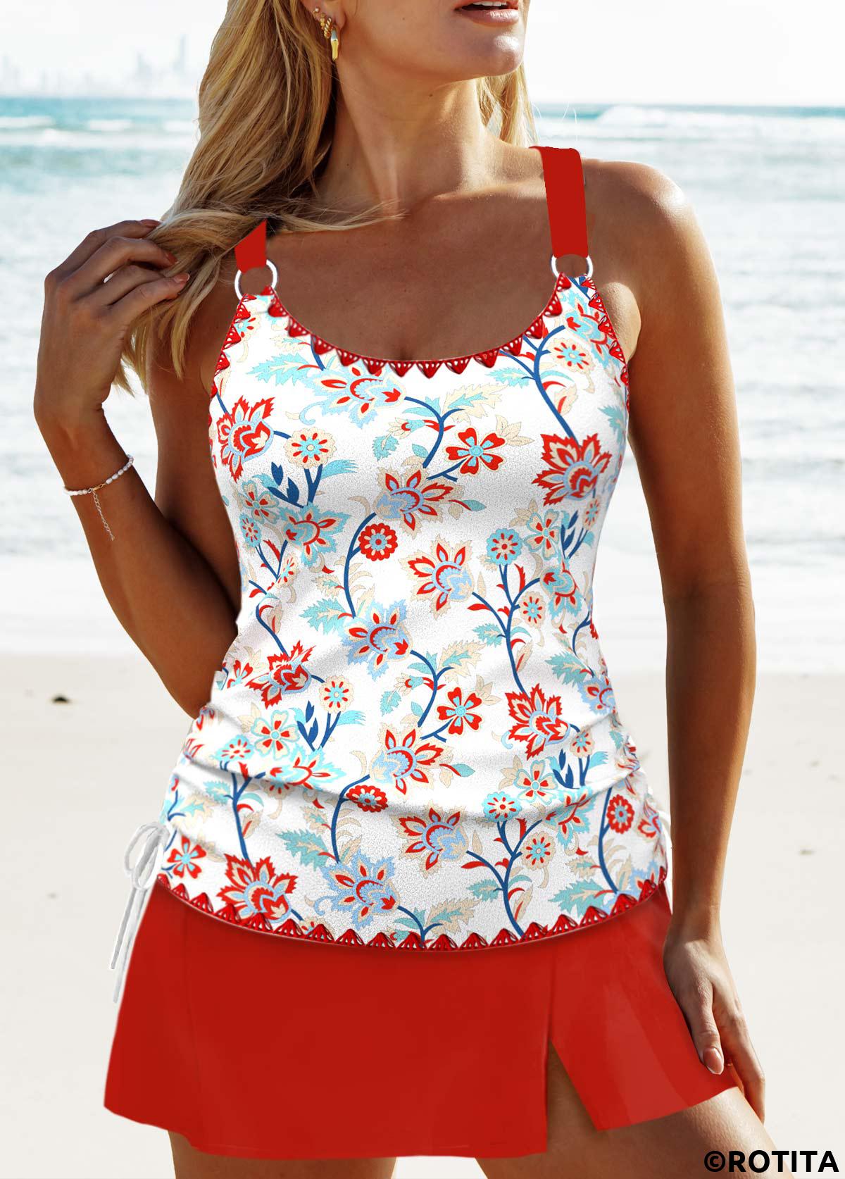 Red swimwear,Floral swimwear,Plants swimwear,Tribal swimwear,ROTITA Circular Ring Red Floral Print Tankini Set