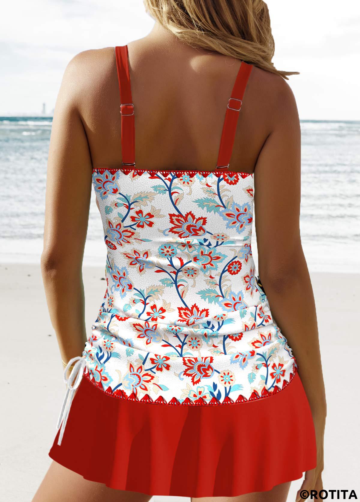 Red swimwear,Floral swimwear,Plants swimwear,Tribal swimwear,ROTITA Circular Ring Red Floral Print Tankini Set