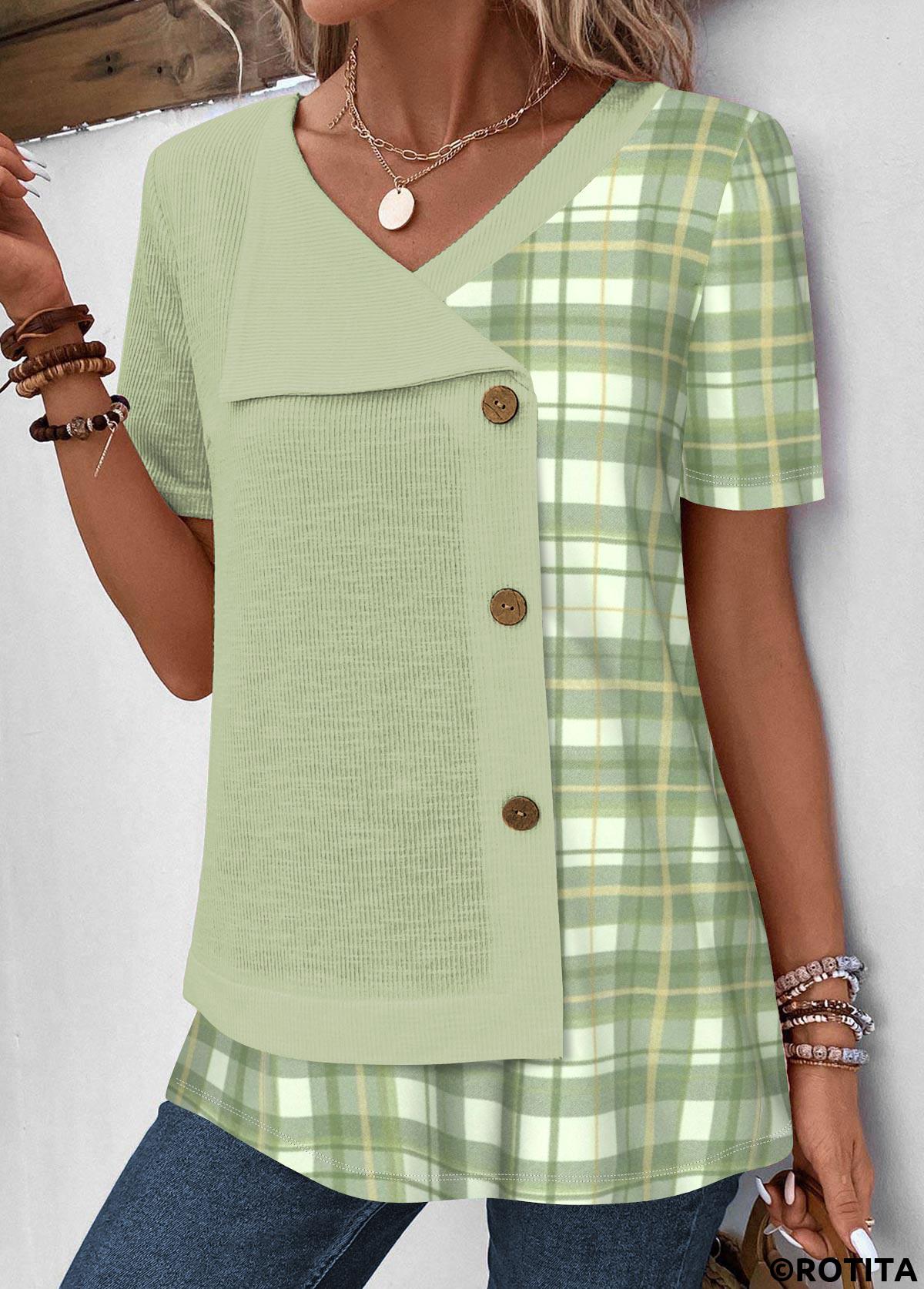 Light Green tops,Plaid tops,Striped tops,Geometric tops,ROTITA Patchwork Plaid Light Green V Neck Short Sleeve Blouse
