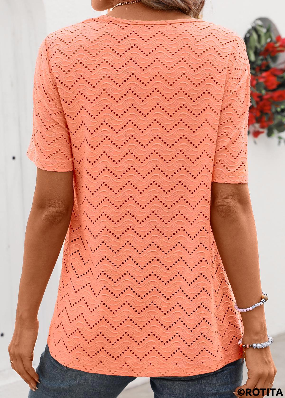 Orange tops,Plain Color tops,Tuck Stitch Orange Round Neck Short Sleeve T Shirt