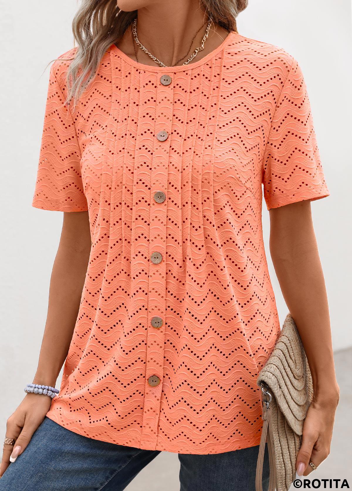 Orange tops,Plain Color tops,Tuck Stitch Orange Round Neck Short Sleeve T Shirt