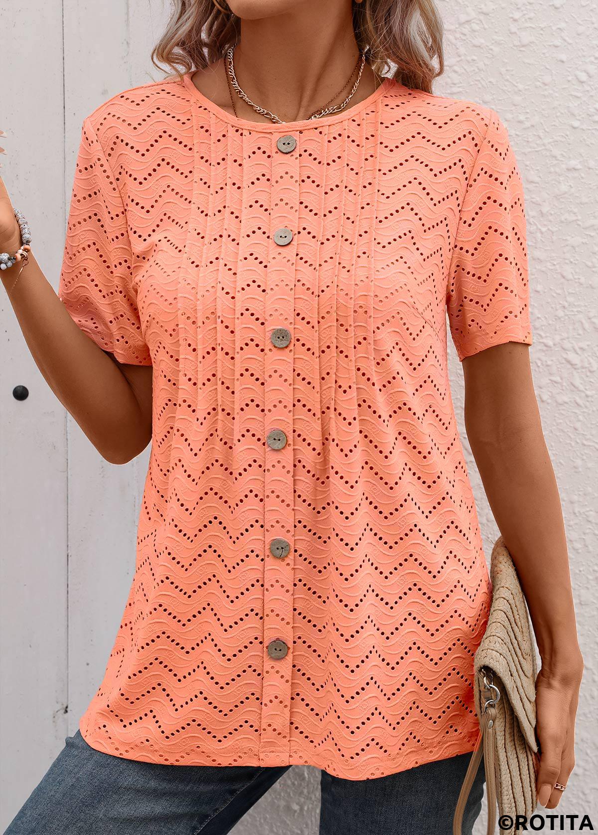Orange tops,Plain Color tops,Tuck Stitch Orange Round Neck Short Sleeve T Shirt