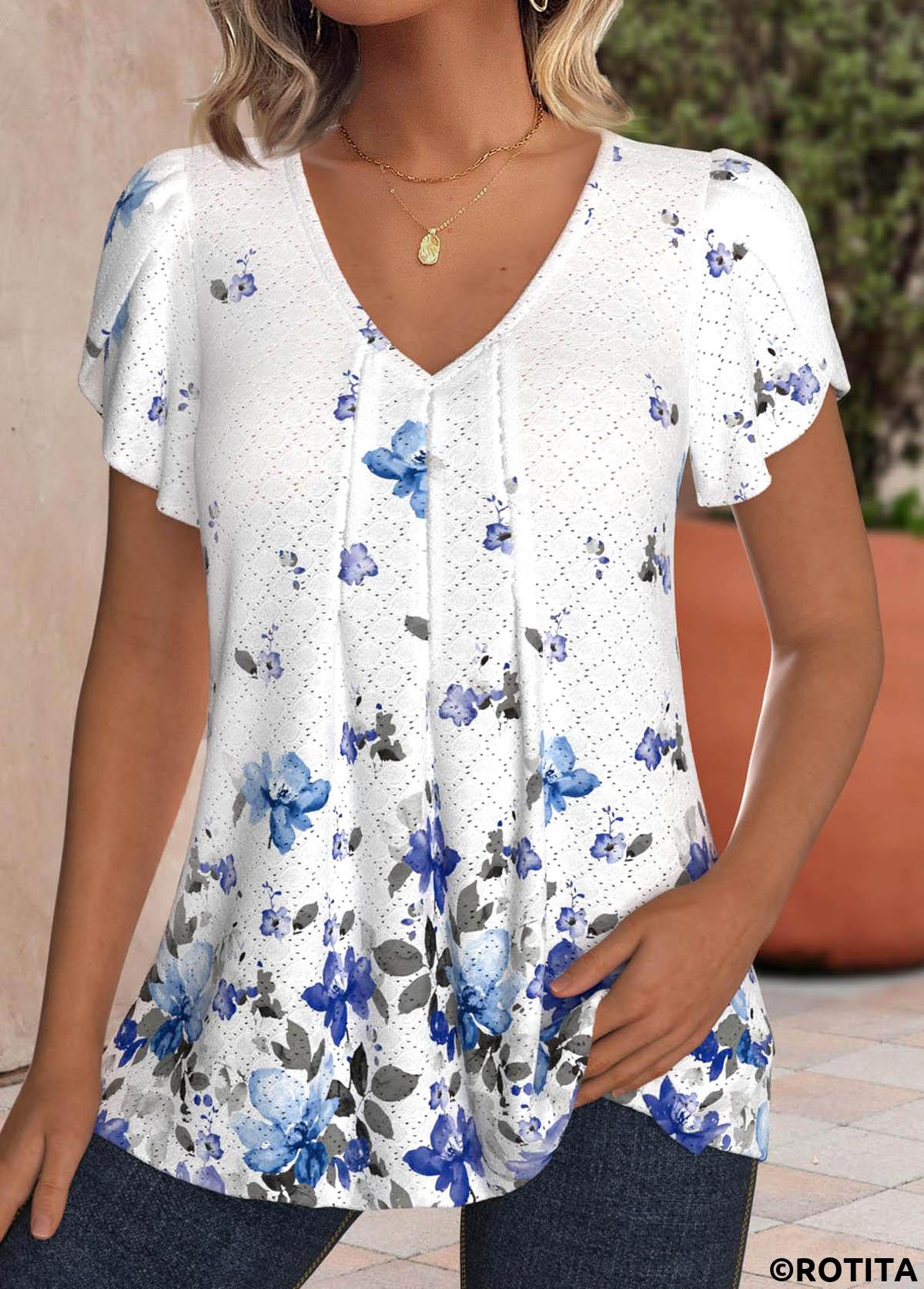 rotita t-shirt blanc à imprimé floral ajouré et col en V