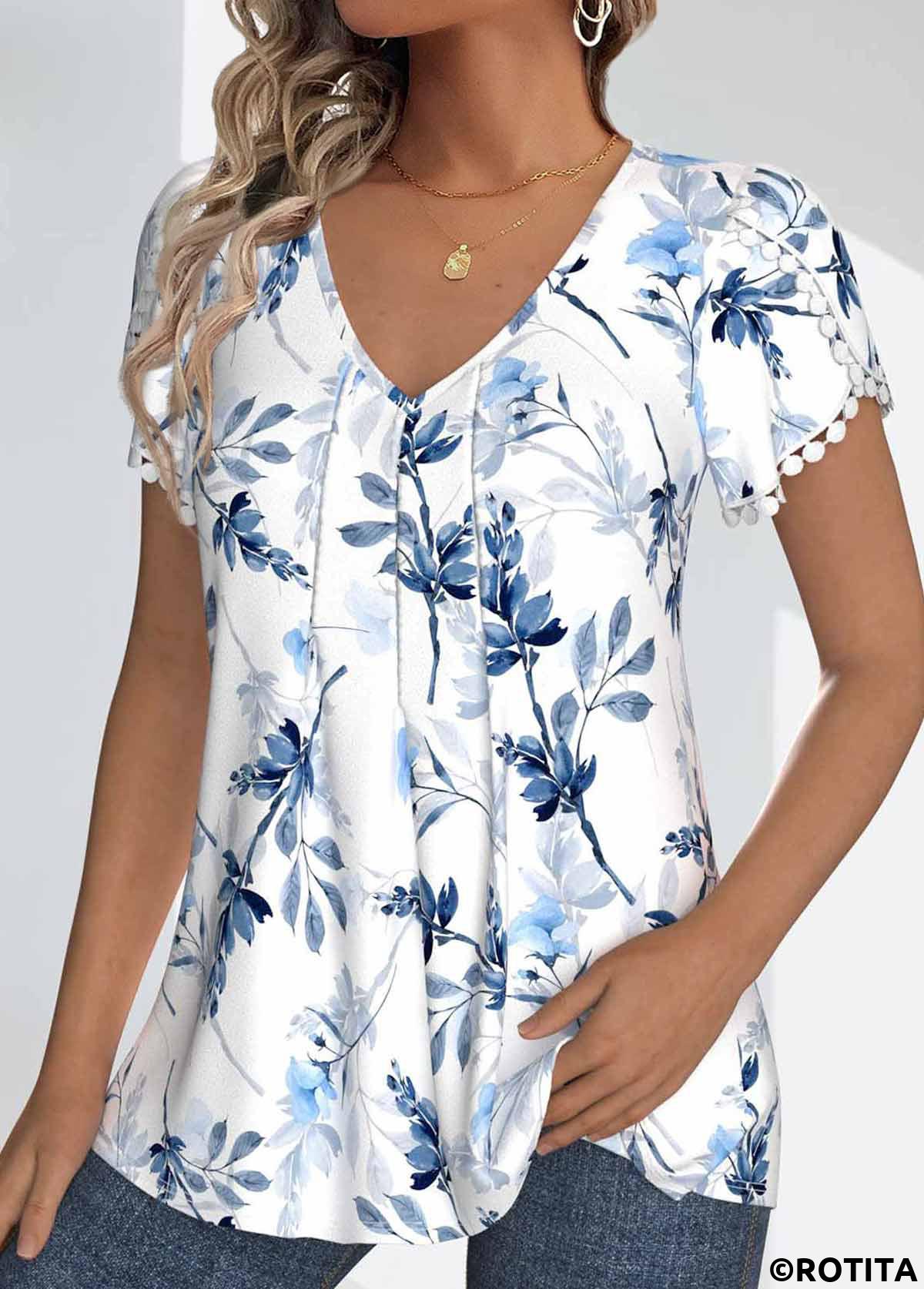 ROTITA Tuck Stitch Floral Print White V Neck T Shirt