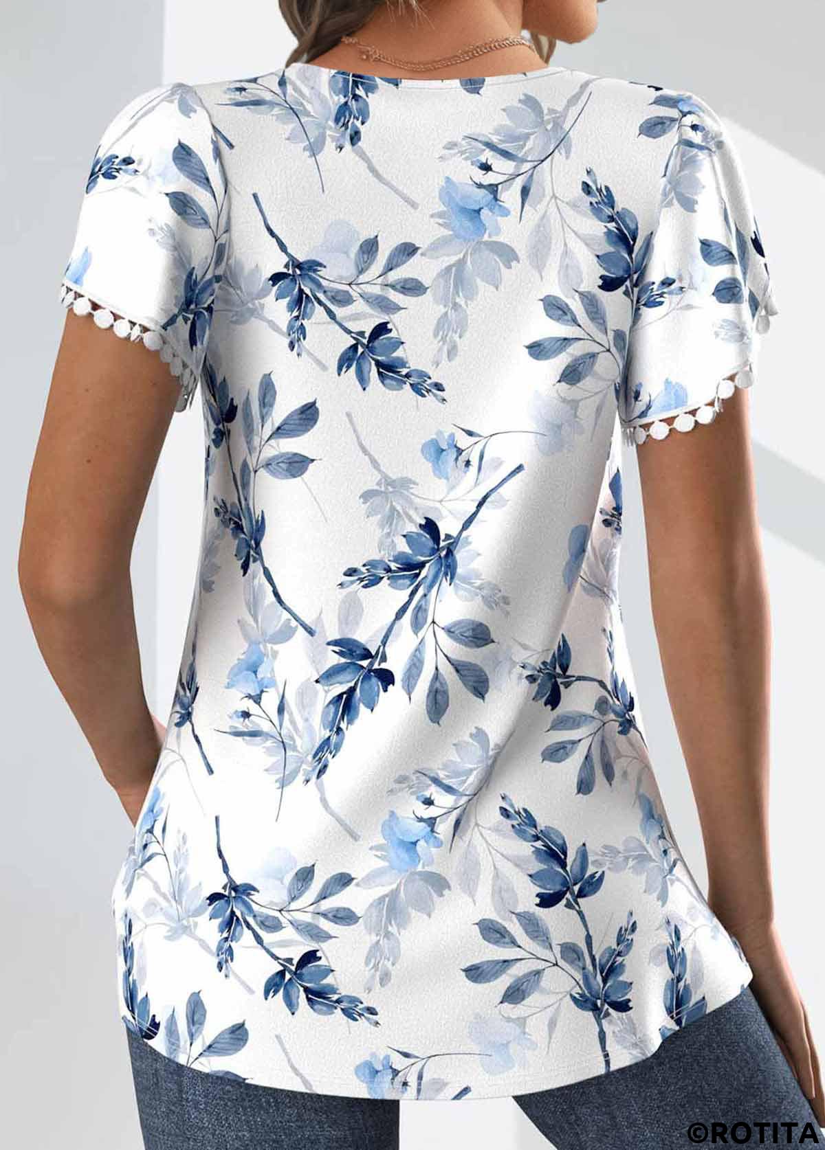 ROTITA Tuck Stitch Floral Print White V Neck T Shirt