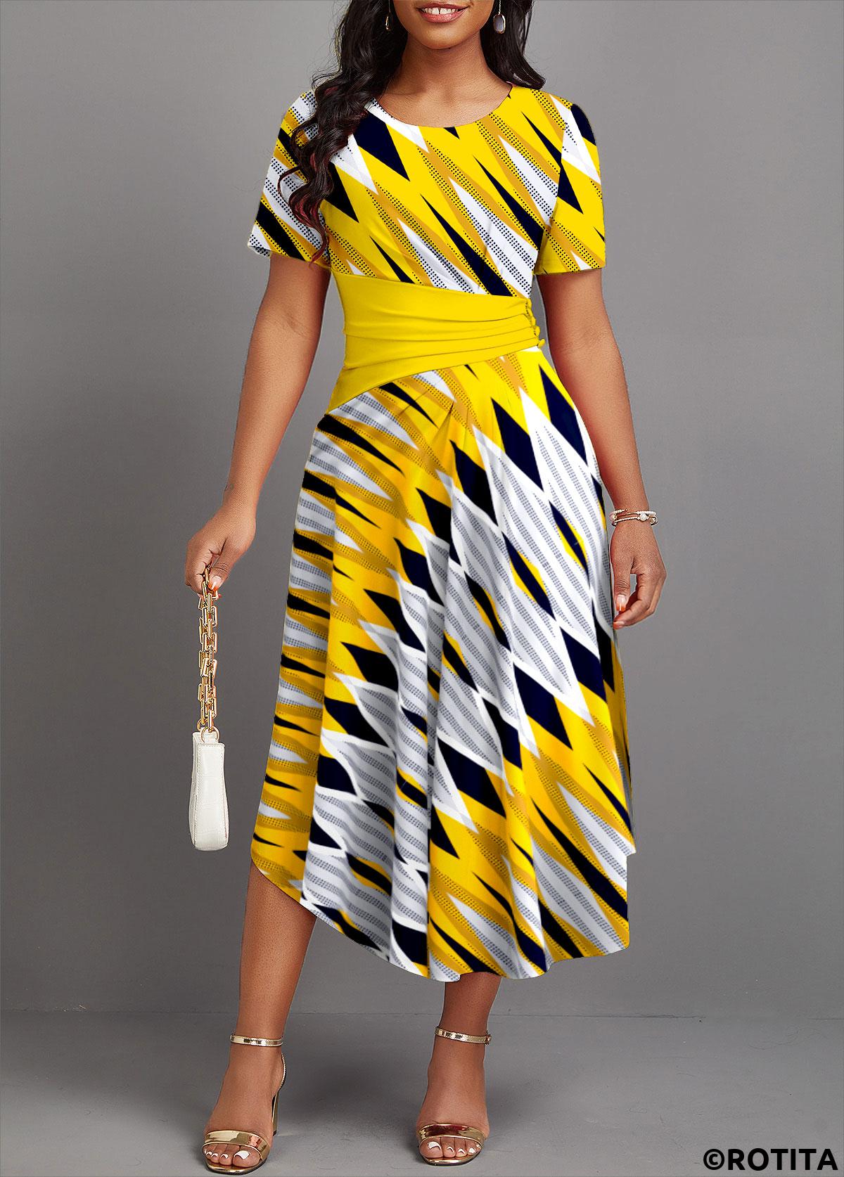 Multi Color dresses,Plaid dresses,Party dresses,Elegant dresses,ROTITA Patchwork Argyle Print Multi Color Round Neck Dress