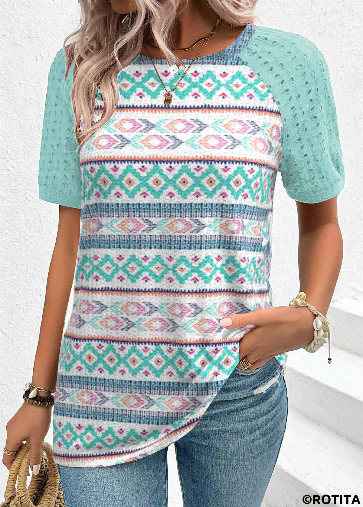 ROTITA Patchwork Geometric Print Mint Green Round Neck T Shirt