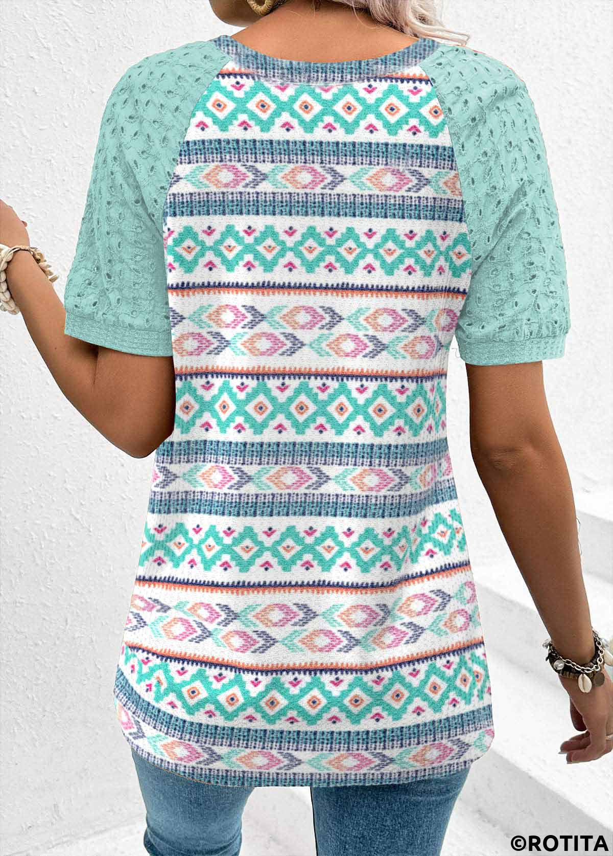 ROTITA Patchwork Geometric Print Mint Green Round Neck T Shirt