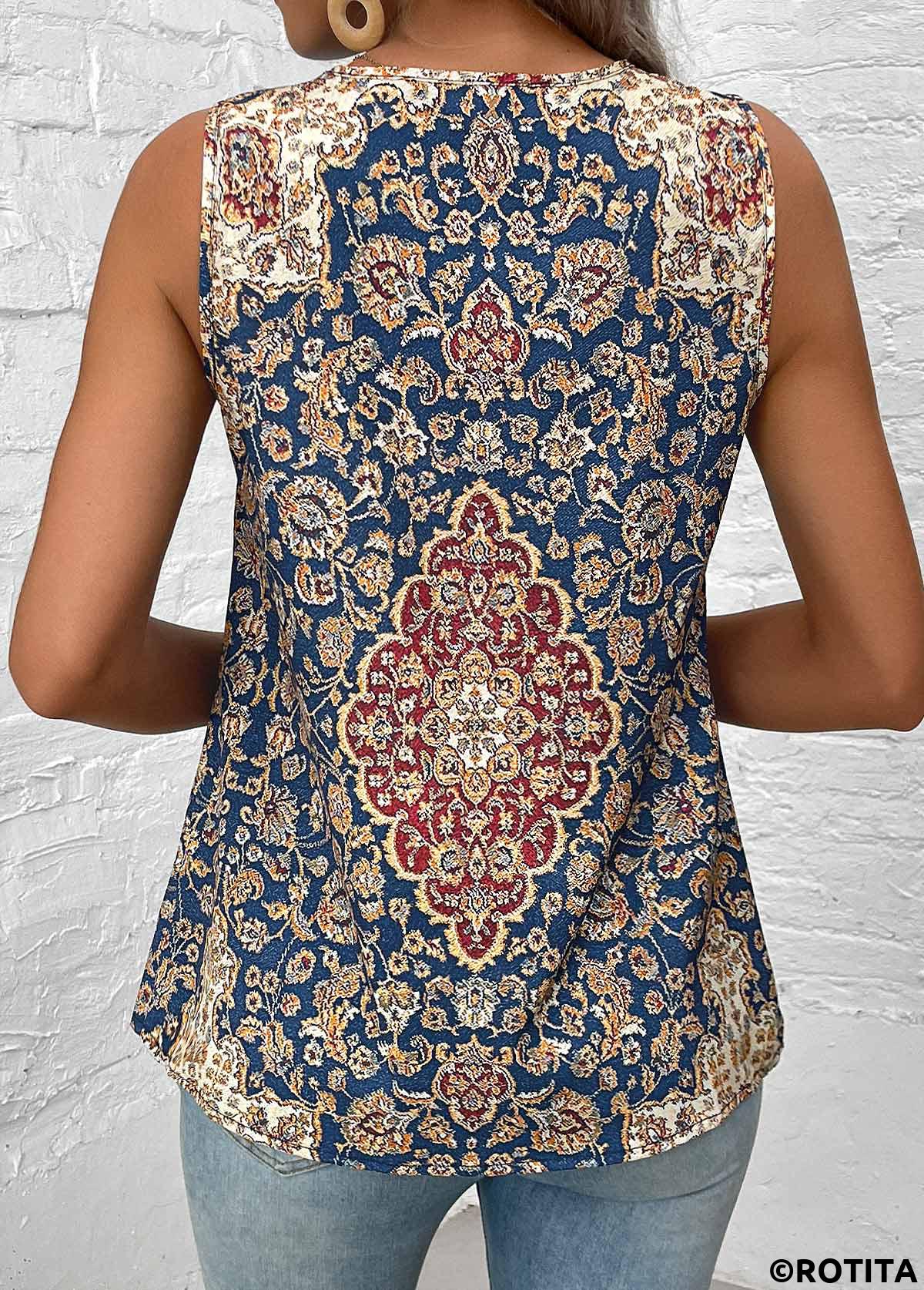 Blue tops,Tribal tops,ROTITA Patchwork Tribal Print Blue V Neck Sleeveless Tank Top