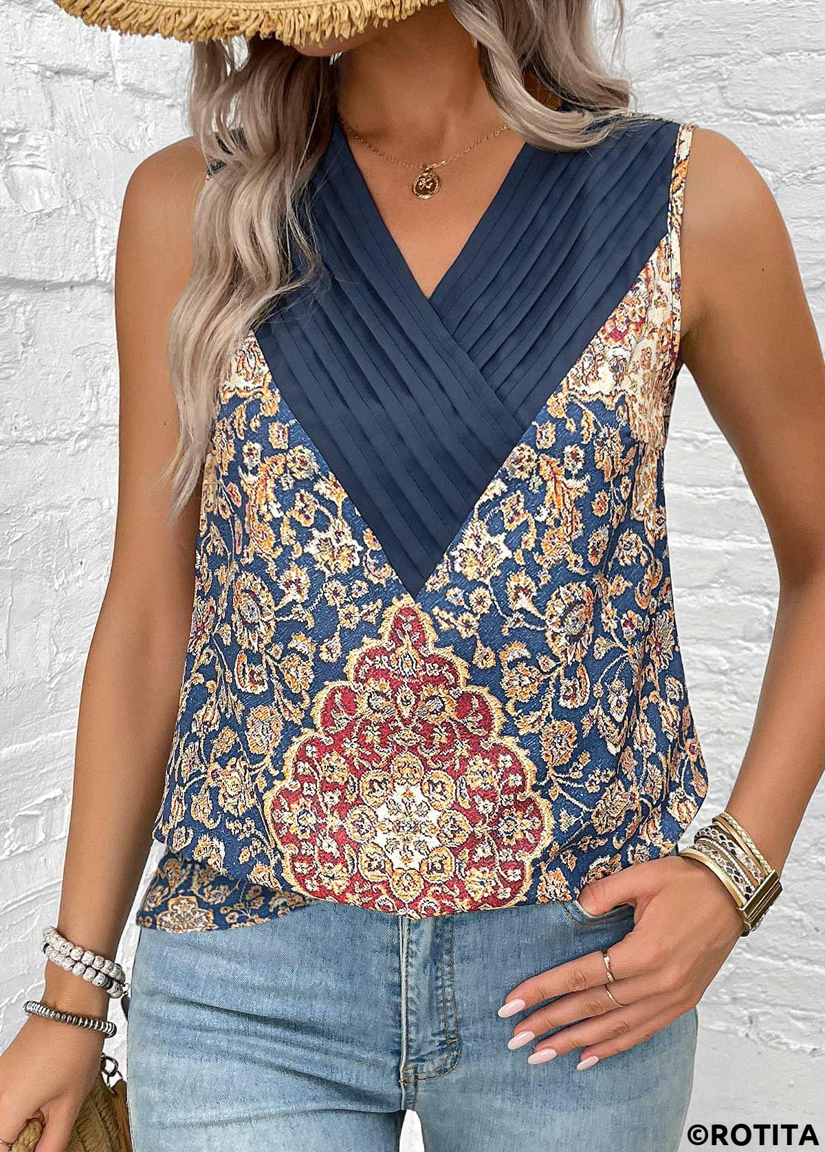 Blue tops,Tribal tops,ROTITA Patchwork Tribal Print Blue V Neck Sleeveless Tank Top