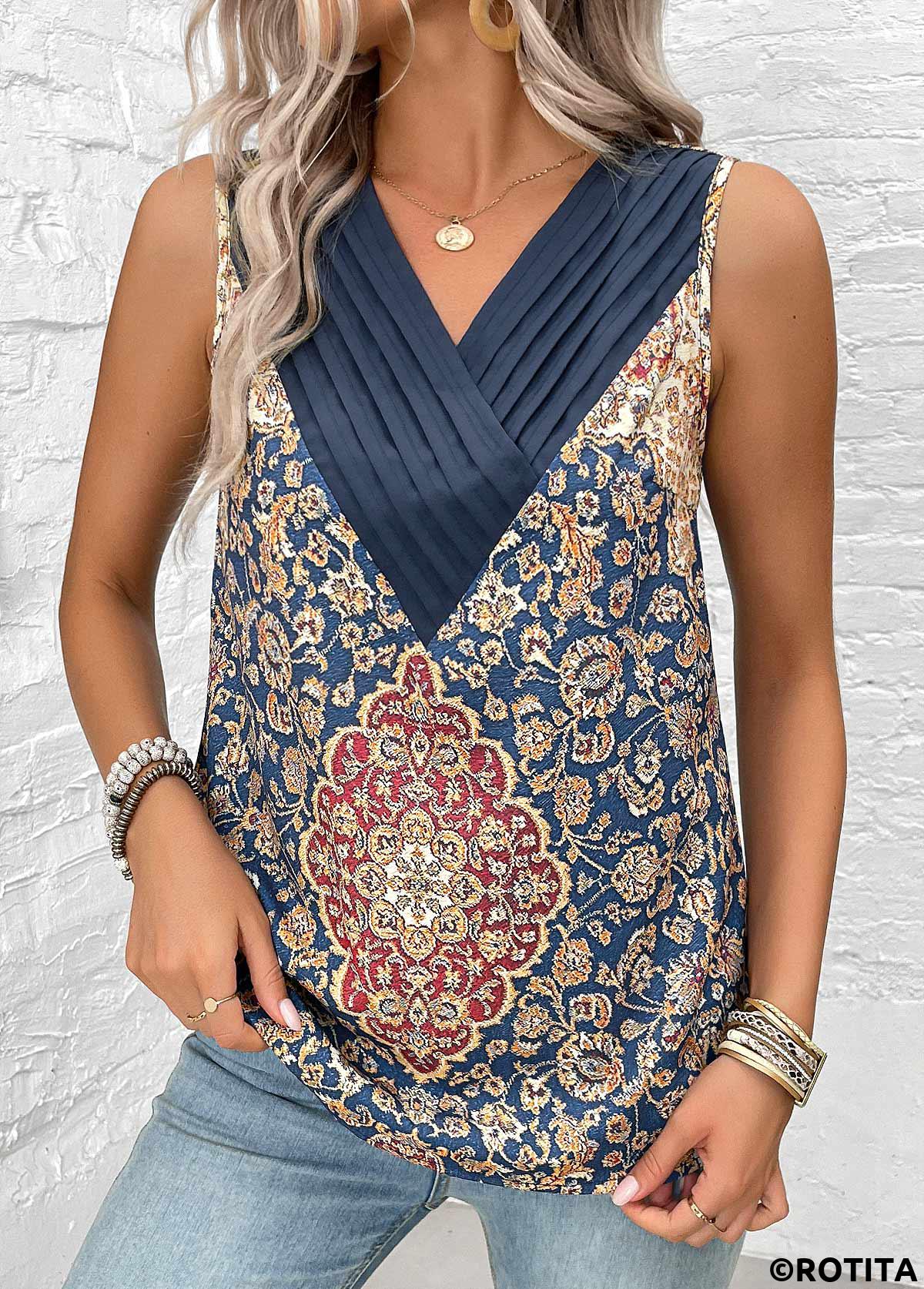 Blue tops,Tribal tops,ROTITA Patchwork Tribal Print Blue V Neck Sleeveless Tank Top