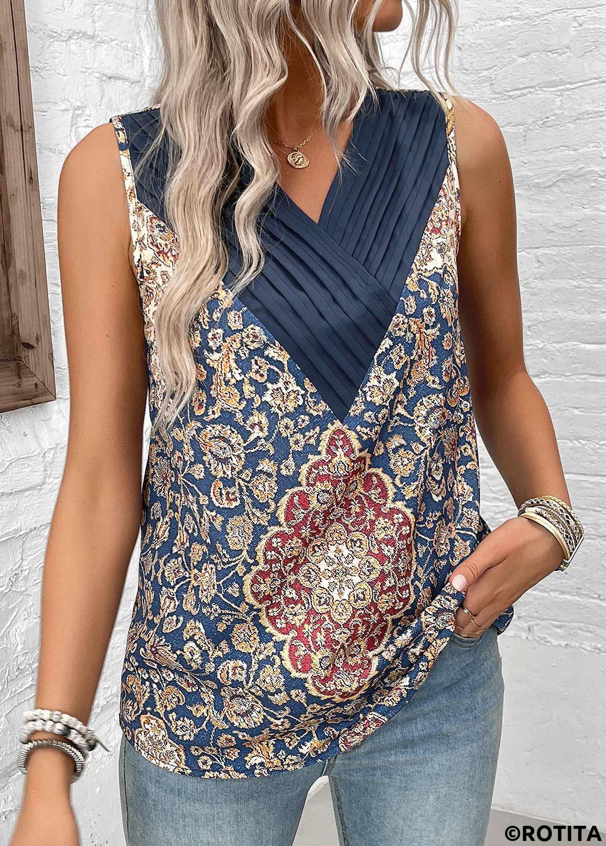 Blue tops,Tribal tops,ROTITA Patchwork Tribal Print Blue V Neck Sleeveless Tank Top