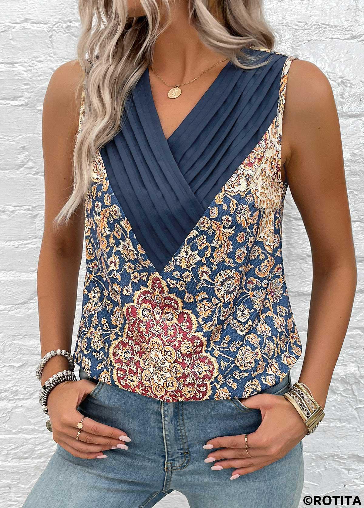 Blue tops,Tribal tops,ROTITA Patchwork Tribal Print Blue V Neck Sleeveless Tank Top