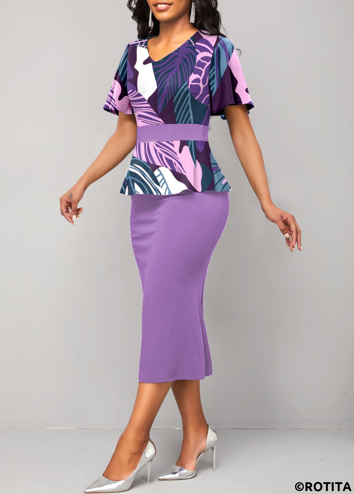 Violet dresses,Floral dresses,Plants dresses,Party dresses,Elegant dresses,Patchwork Violet V Neck Bodycon Dress