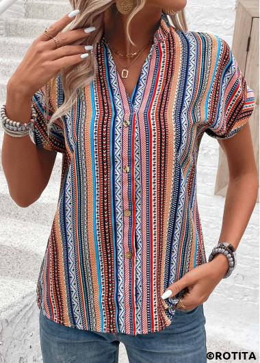 Button Tribal Print Multi Color V Neck Blouse