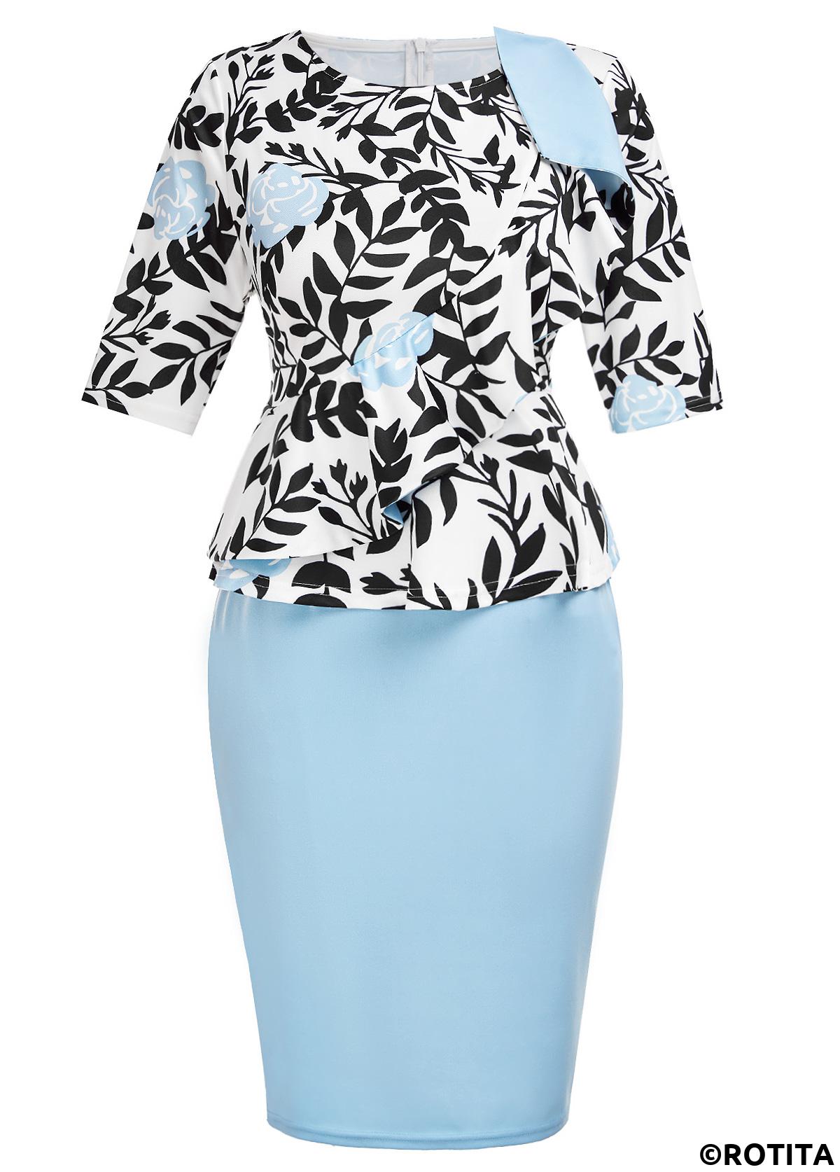 Light Blue dresses,Black dresses,Plants dresses,Floral dresses,Party dresses,Elegant dresses,ROTITA Patchwork Leaf Print Light Blue Round Neck Bodycon Dress