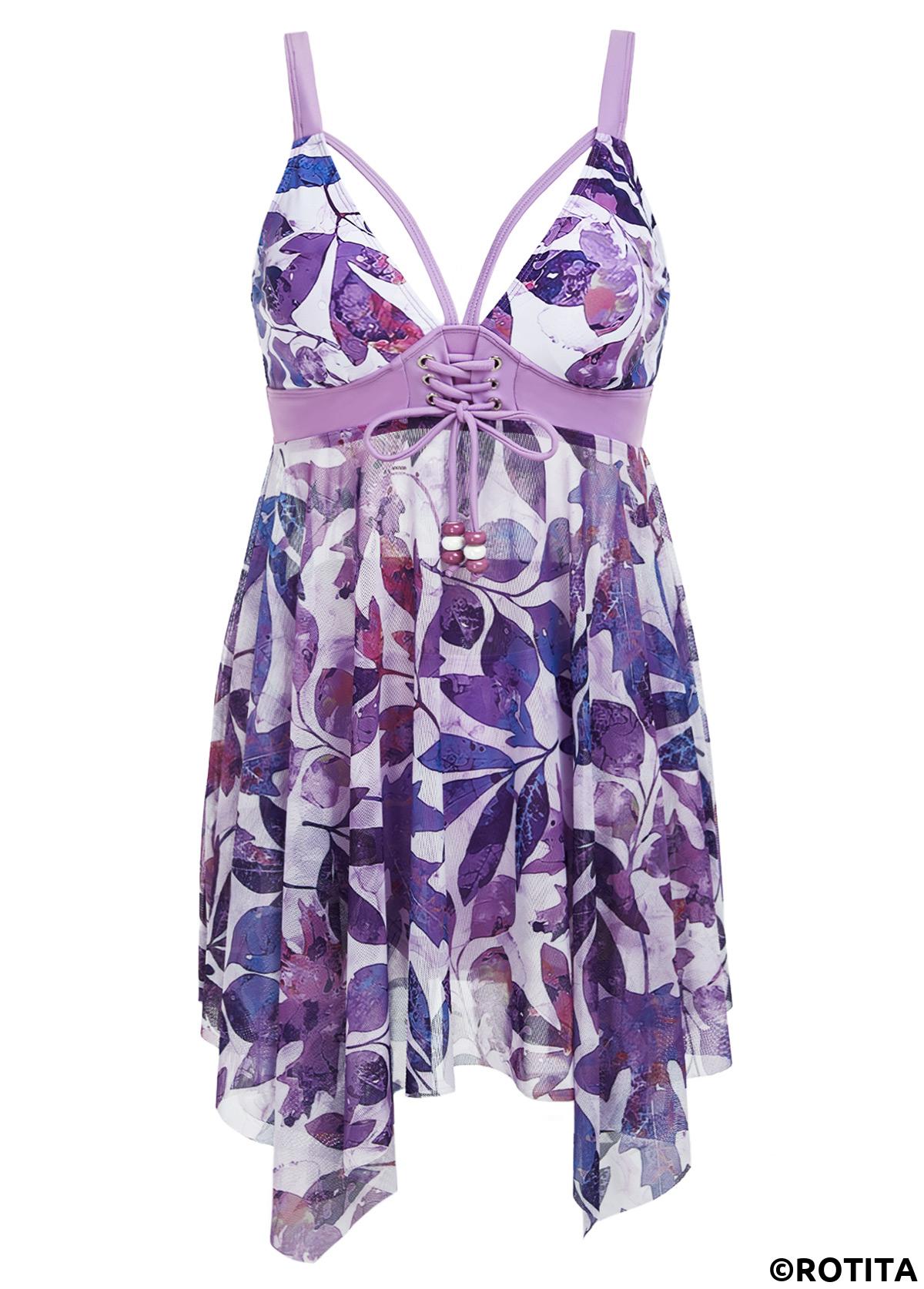 Purple swimwear,Plants swimwear,ROTITA Handkerchief Hem Purple Leaf Print Mid Waisted Tankini Set