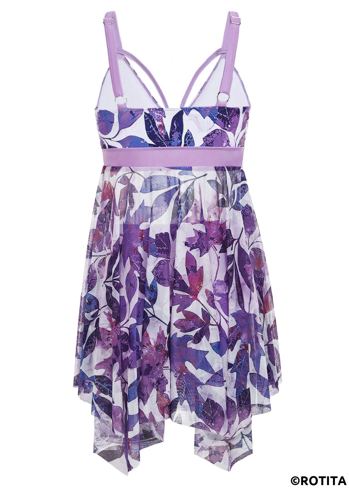 Purple swimwear,Plants swimwear,ROTITA Handkerchief Hem Purple Leaf Print Mid Waisted Tankini Set