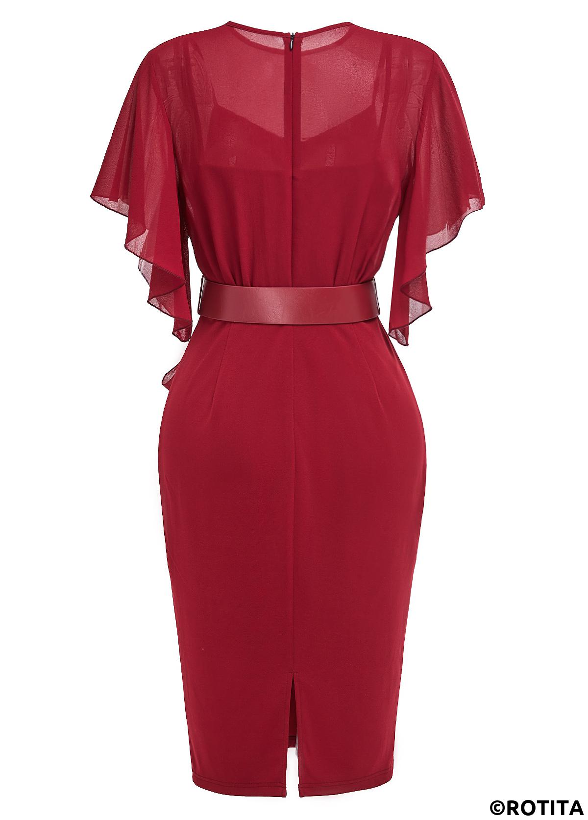 Wine Red dresses,Plain Color dresses,Party dresses,Elegant dresses,ROTITA Tie Wine Red Belted Round Neck Bodycon Dress