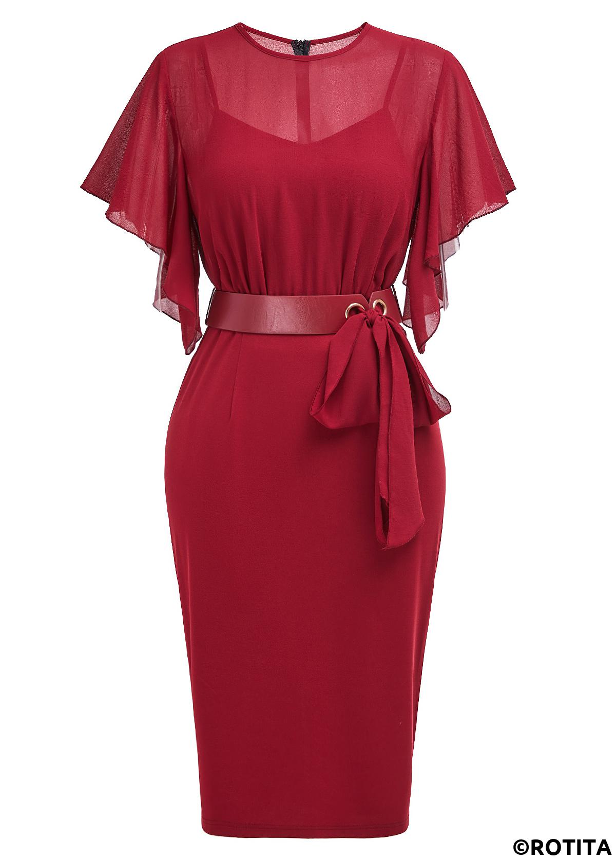 Wine Red dresses,Plain Color dresses,Party dresses,Elegant dresses,ROTITA Tie Wine Red Belted Round Neck Bodycon Dress