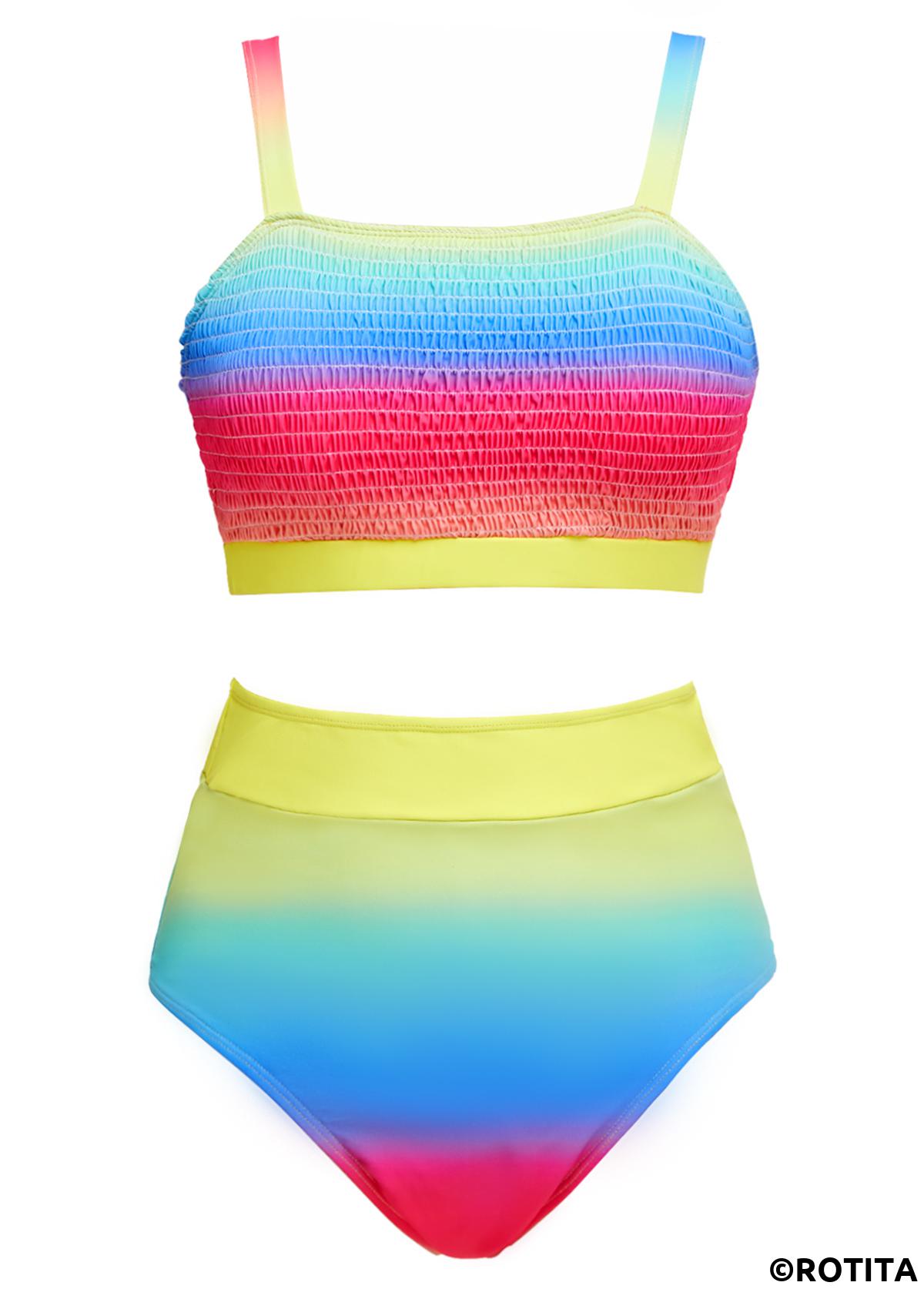 Multi Color swimwear,Rainbow Color swimwear,Ombre swimwear,ROTITA Smocked Multi Color Ombre Bikini Set