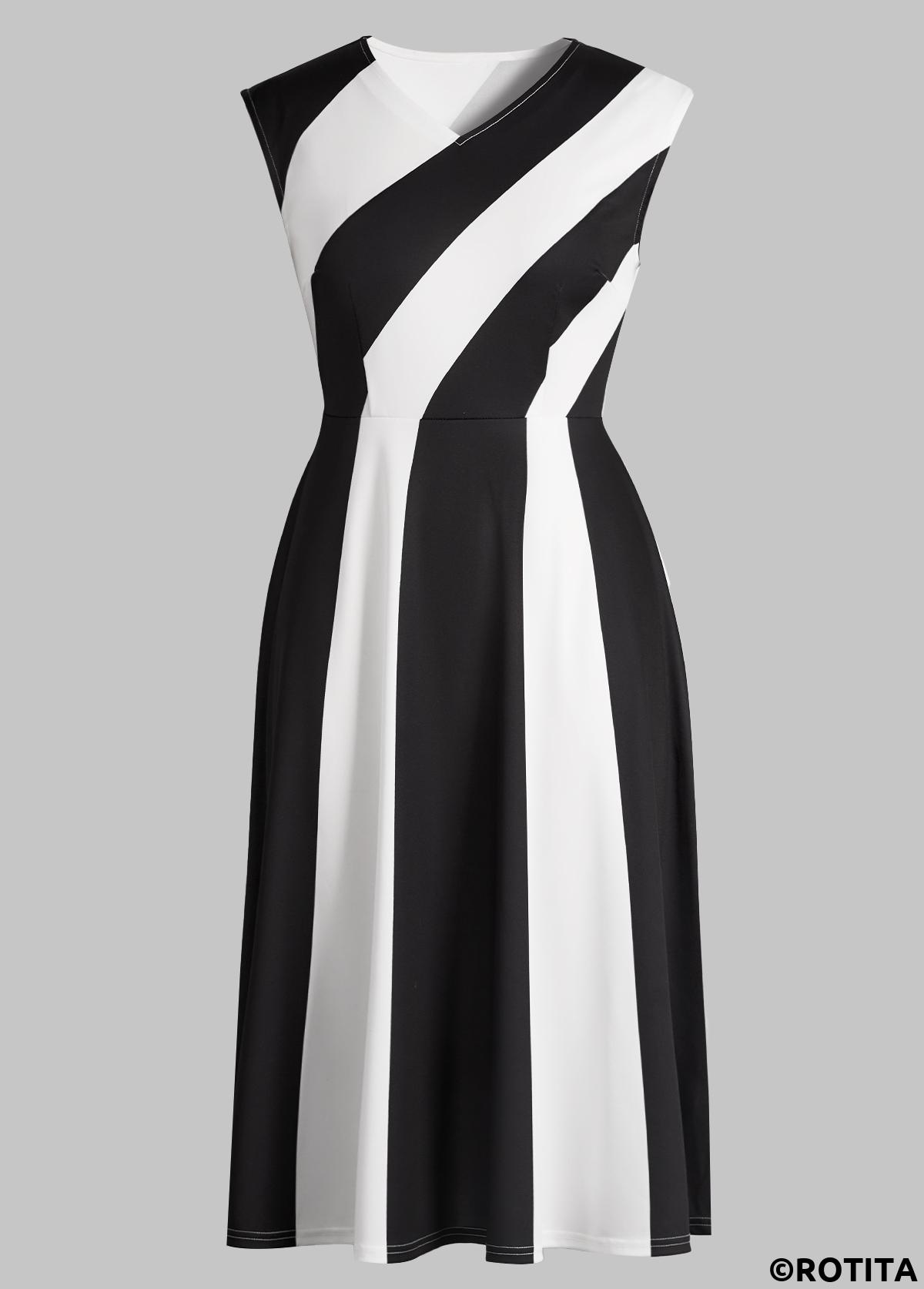 Black dresses,Raw white dresses,Contrast Color dresses,Striped dresses,Geometric dresses,Party dresses,Elegant dresses,ROTITA Patchwork Black V Neck Sleeveless Dress