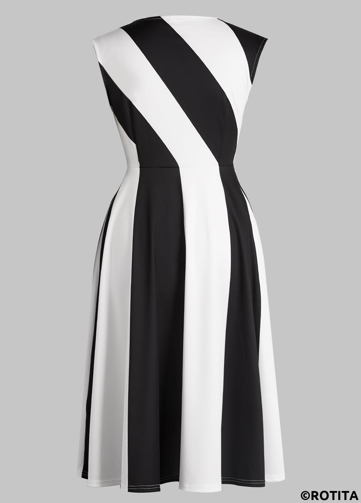 Black dresses,Raw white dresses,Contrast Color dresses,Striped dresses,Geometric dresses,Party dresses,Elegant dresses,ROTITA Patchwork Black V Neck Sleeveless Dress