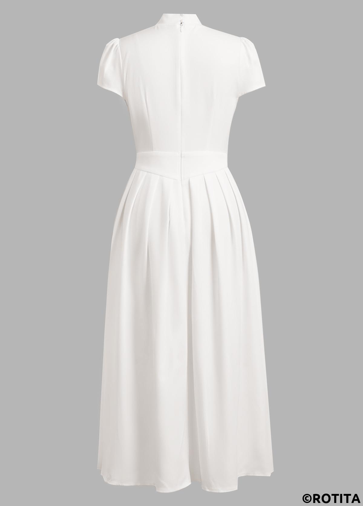 White dresses,Plain Color dresses,Party dresses,Elegant dresses,ROTITA Bowknot White Stand Collar Short Sleeve Dress