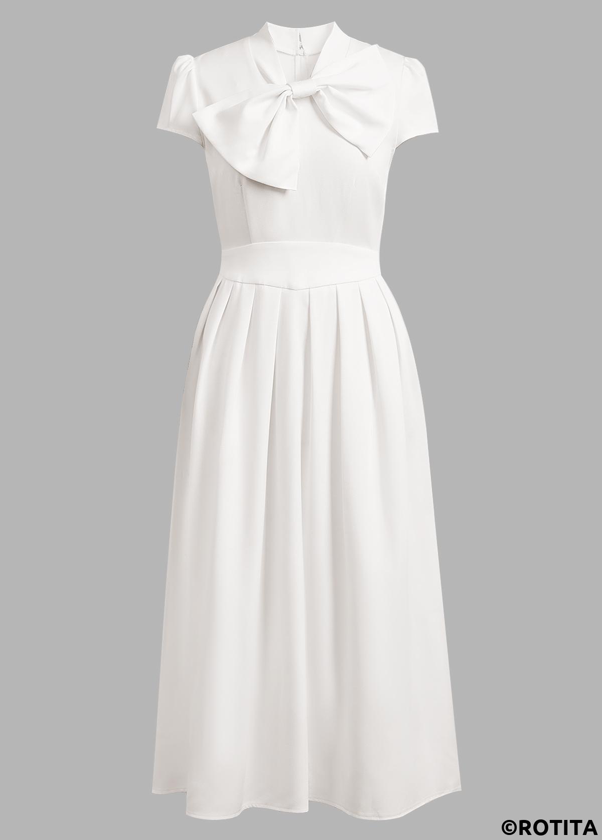 White dresses,Plain Color dresses,Party dresses,Elegant dresses,ROTITA Bowknot White Stand Collar Short Sleeve Dress