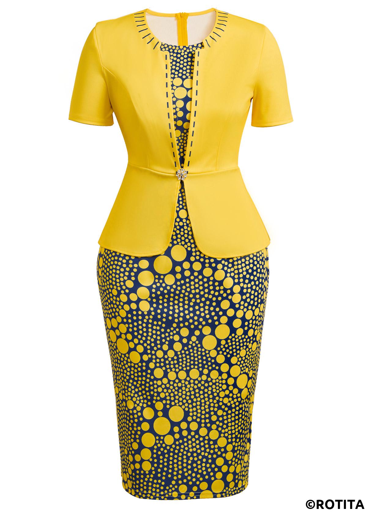 Yellow dresses,Navy dresses,Dot dresses,Party dresses,Elegant dresses,ROTITA Fake 2in1 Polka Dot Yellow Round Neck Bodycon Dress