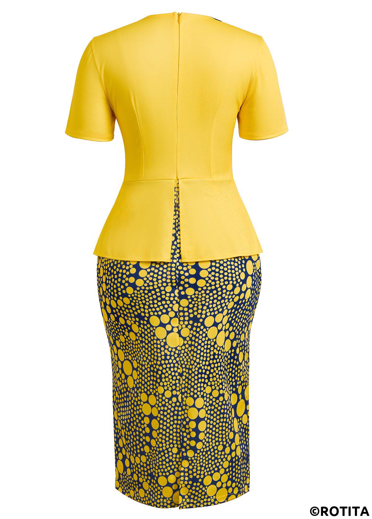 Yellow dresses,Navy dresses,Dot dresses,Party dresses,Elegant dresses,ROTITA Fake 2in1 Polka Dot Yellow Round Neck Bodycon Dress