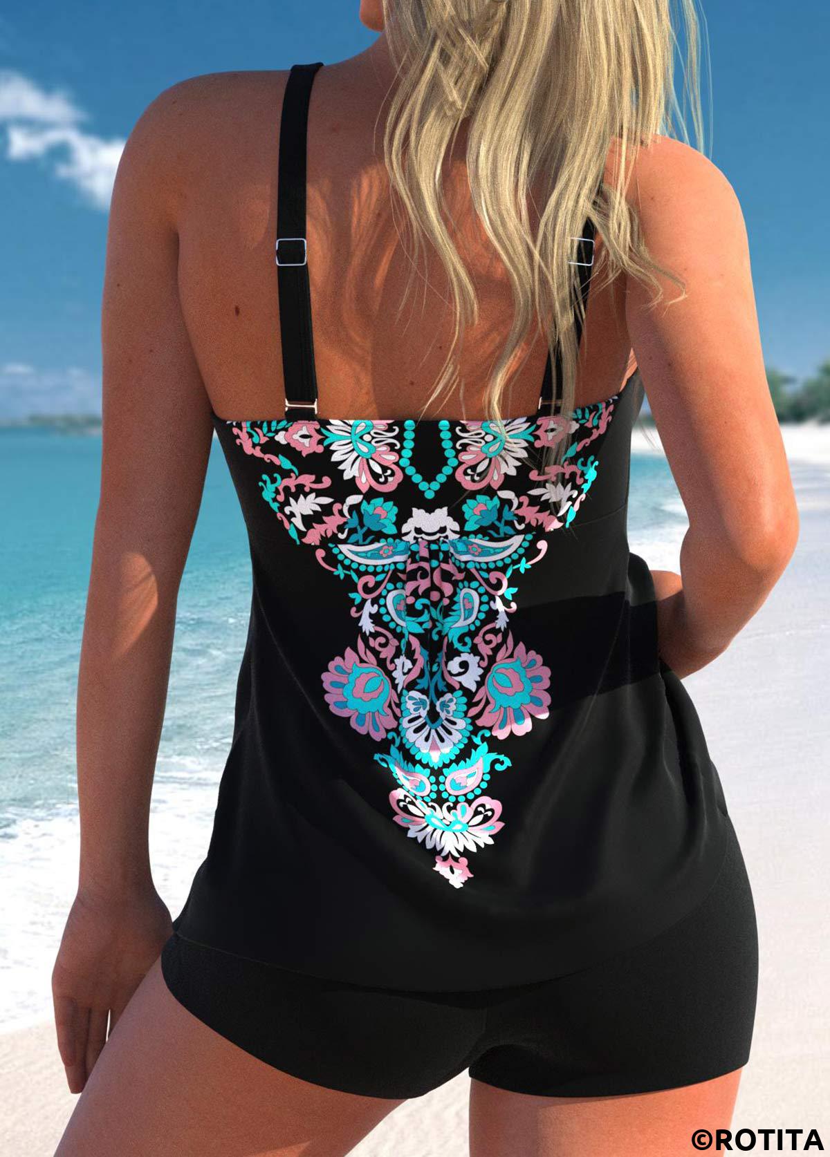 Black swimwear,Paisley swimwear,Dot swimwear,ROTITA Criss Cross Black Paisley Print Tankini Top