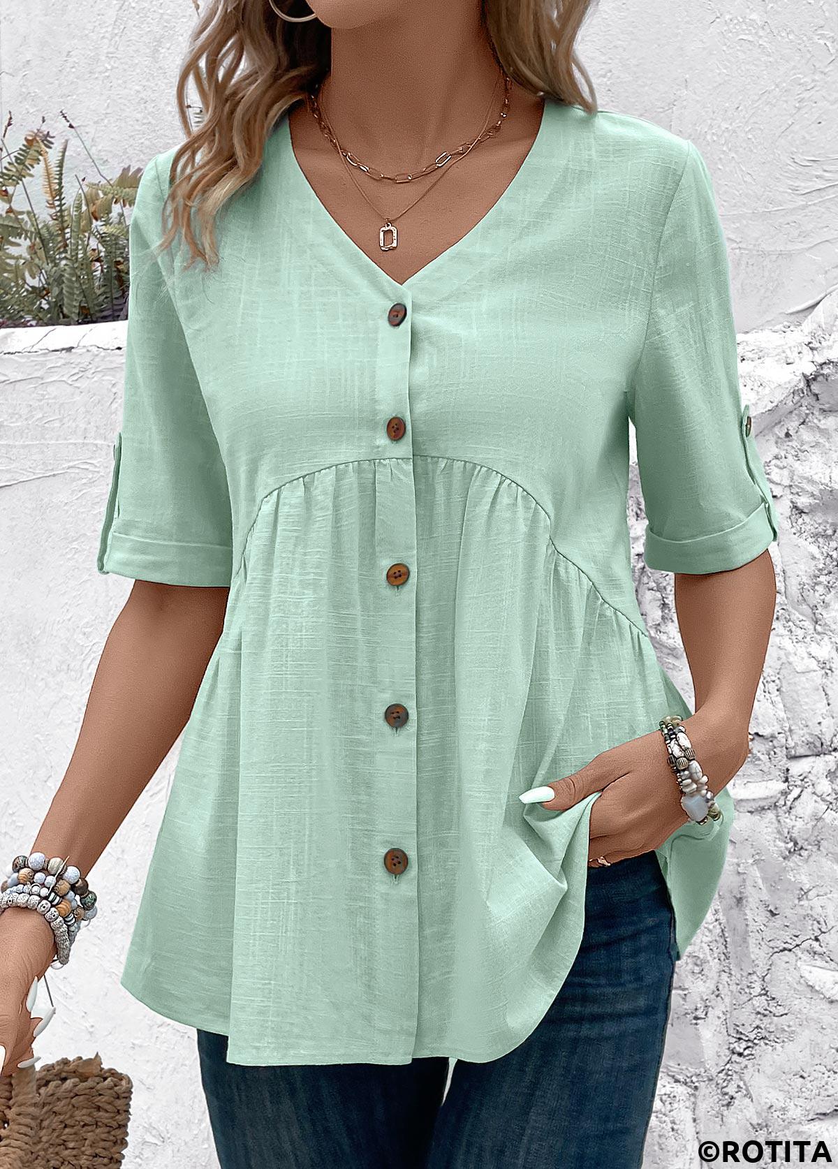 Light Green tops,Plain Color tops,ROTITA Patchwork Light Green V Neck Short Sleeve Blouse
