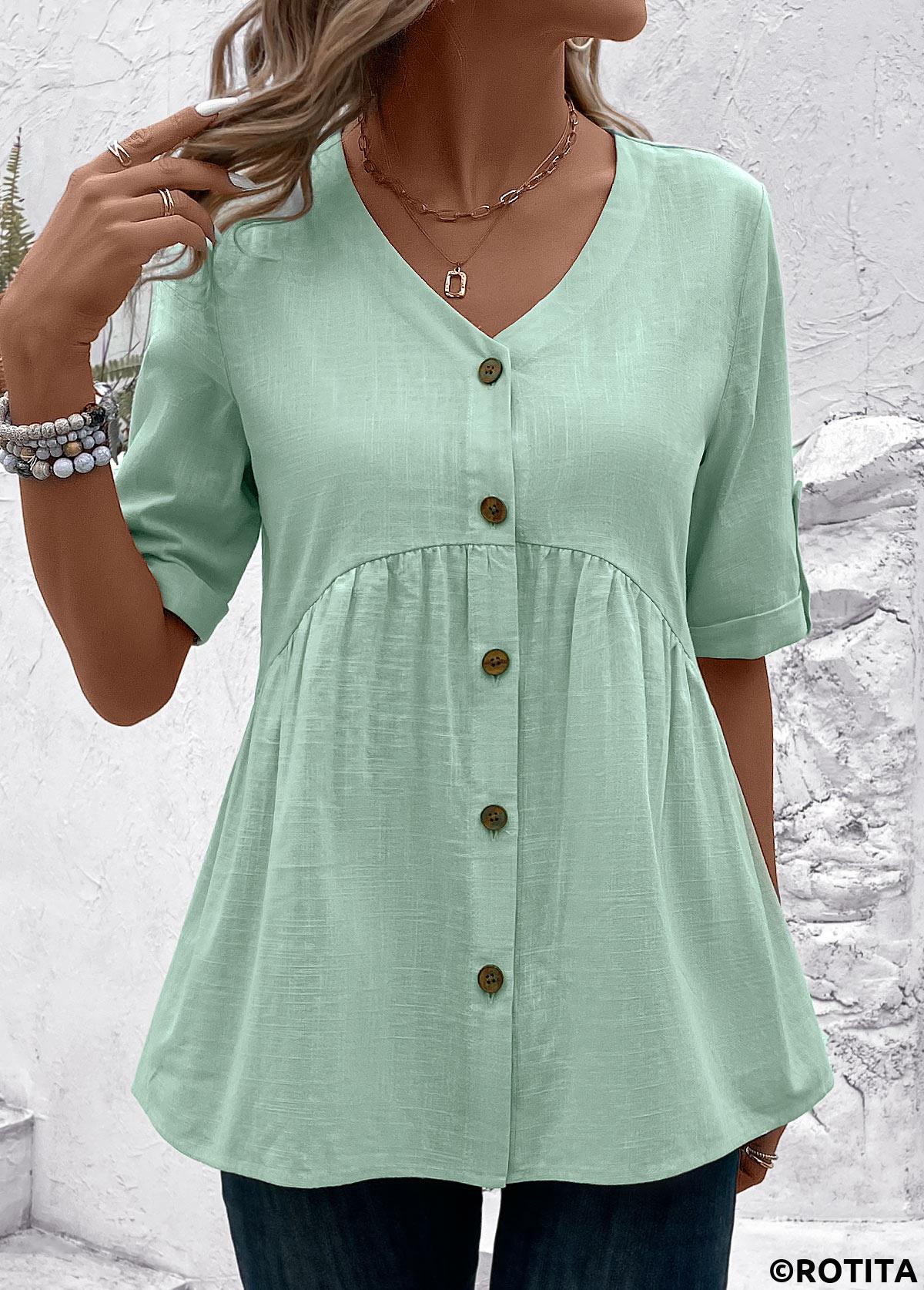 Light Green tops,Plain Color tops,ROTITA Patchwork Light Green V Neck Short Sleeve Blouse