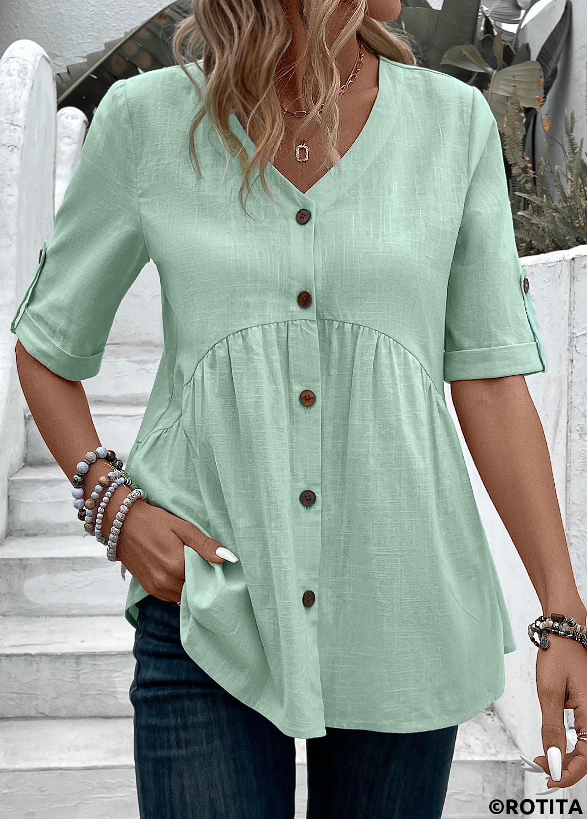 Light Green tops,Plain Color tops,ROTITA Patchwork Light Green V Neck Short Sleeve Blouse