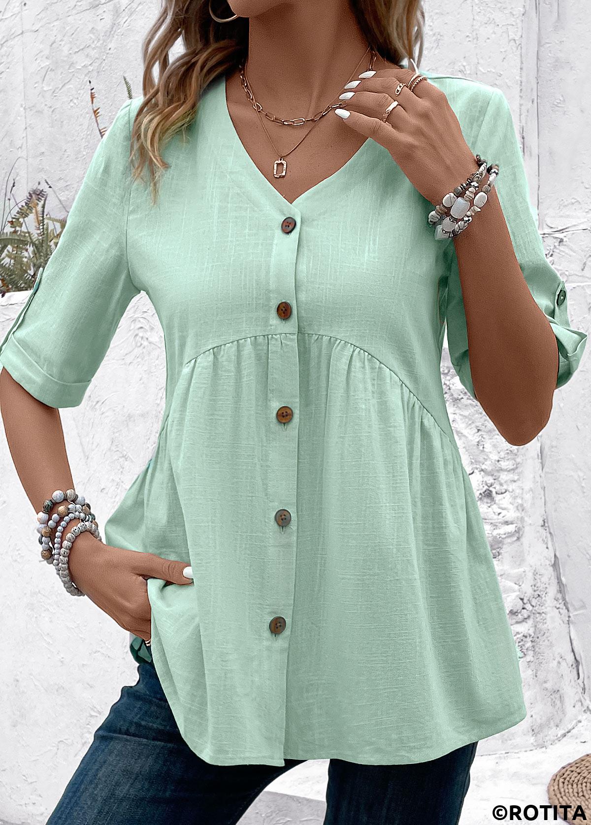 Light Green tops,Plain Color tops,ROTITA Patchwork Light Green V Neck Short Sleeve Blouse