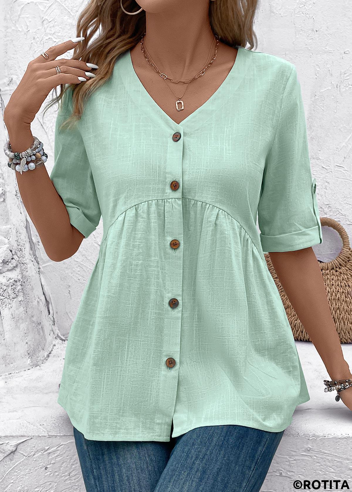 Light Green tops,Plain Color tops,ROTITA Patchwork Light Green V Neck Short Sleeve Blouse