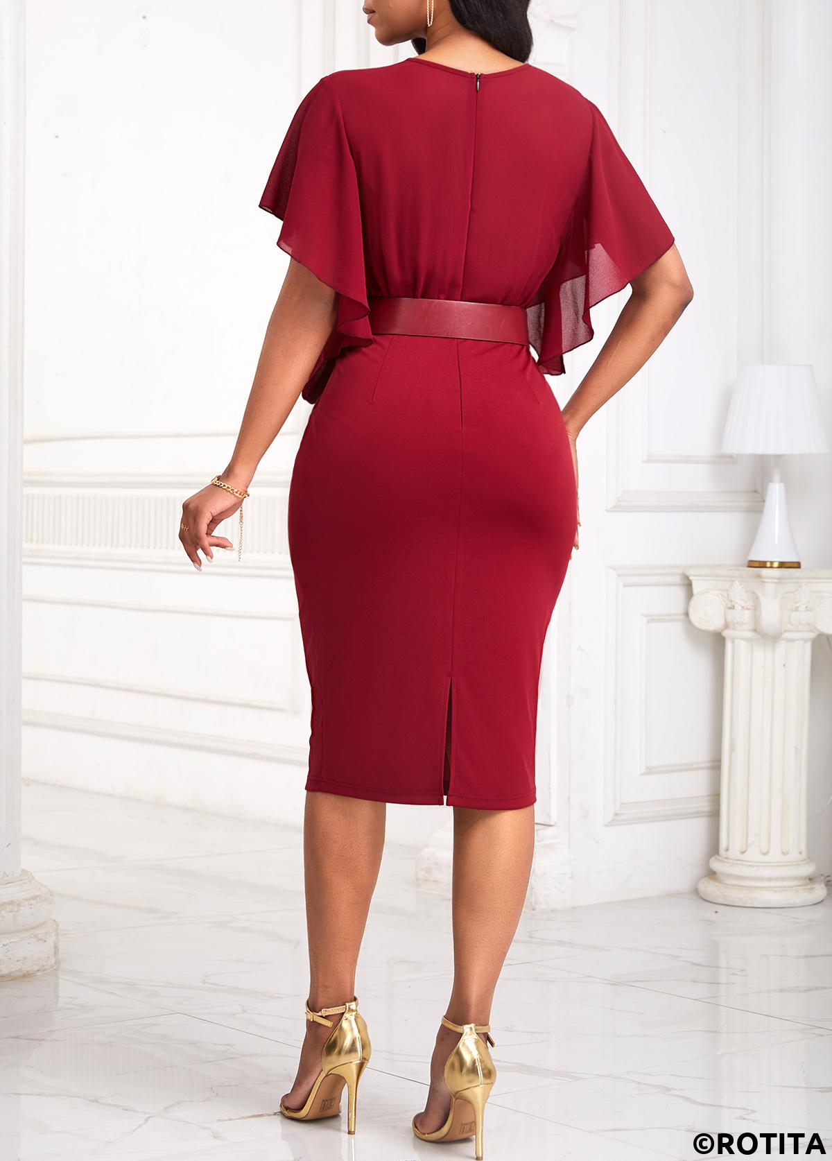 Wine Red dresses,Plain Color dresses,Party dresses,Elegant dresses,ROTITA Tie Wine Red Belted Round Neck Bodycon Dress